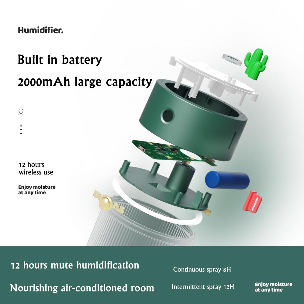 650ML Xương Rồng Máy Tạo Độ Ẩm Không Khí USB Có Thể Sạc Hương Thơm Khuếch Tán Ánh Sáng Đèn LED 2000MAh Pin Di Động Không Dây Âm Thanh Humidificador