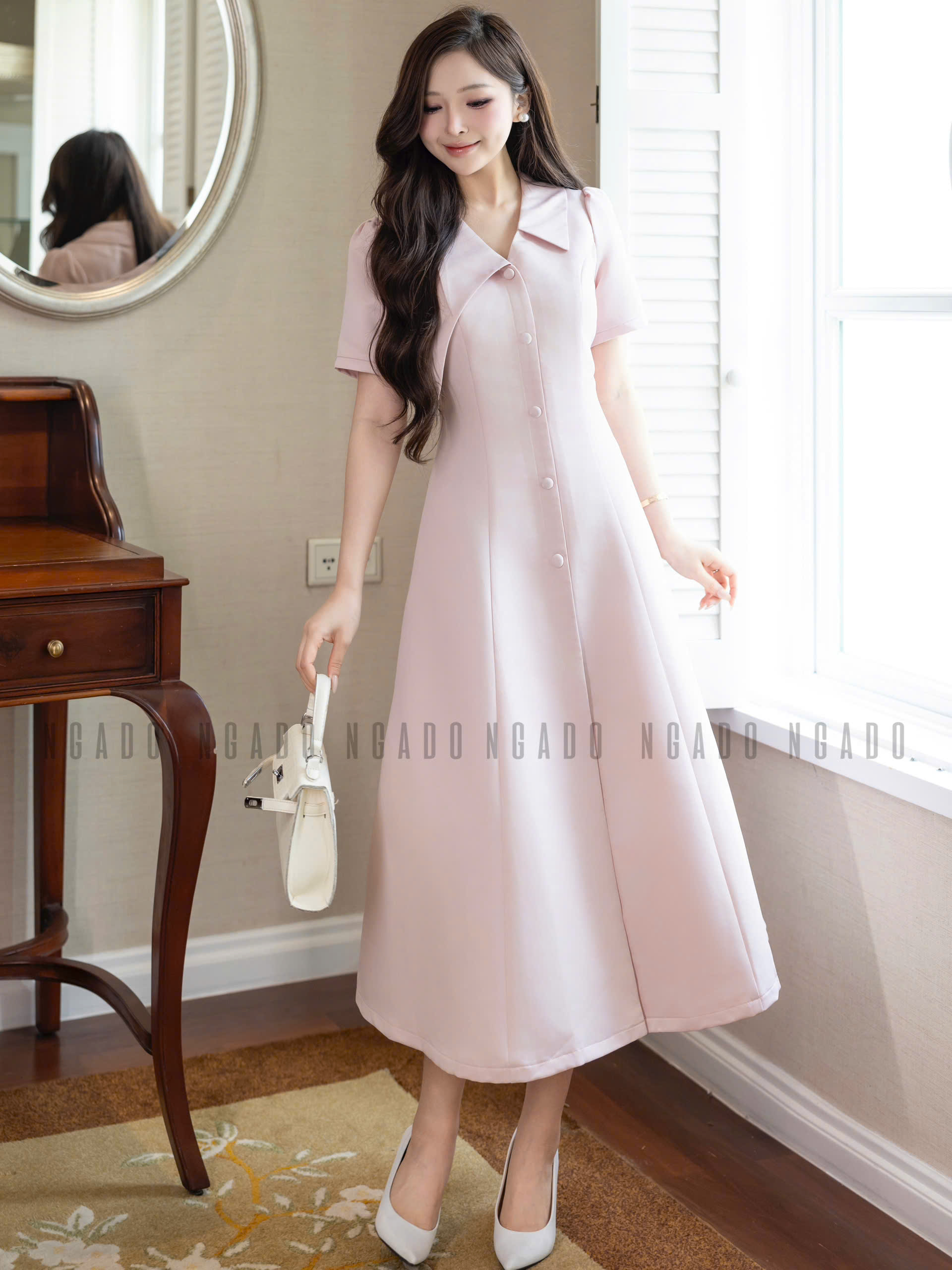Đầm hồng cổ vest NGADO , đầm công sở , dự tiệc