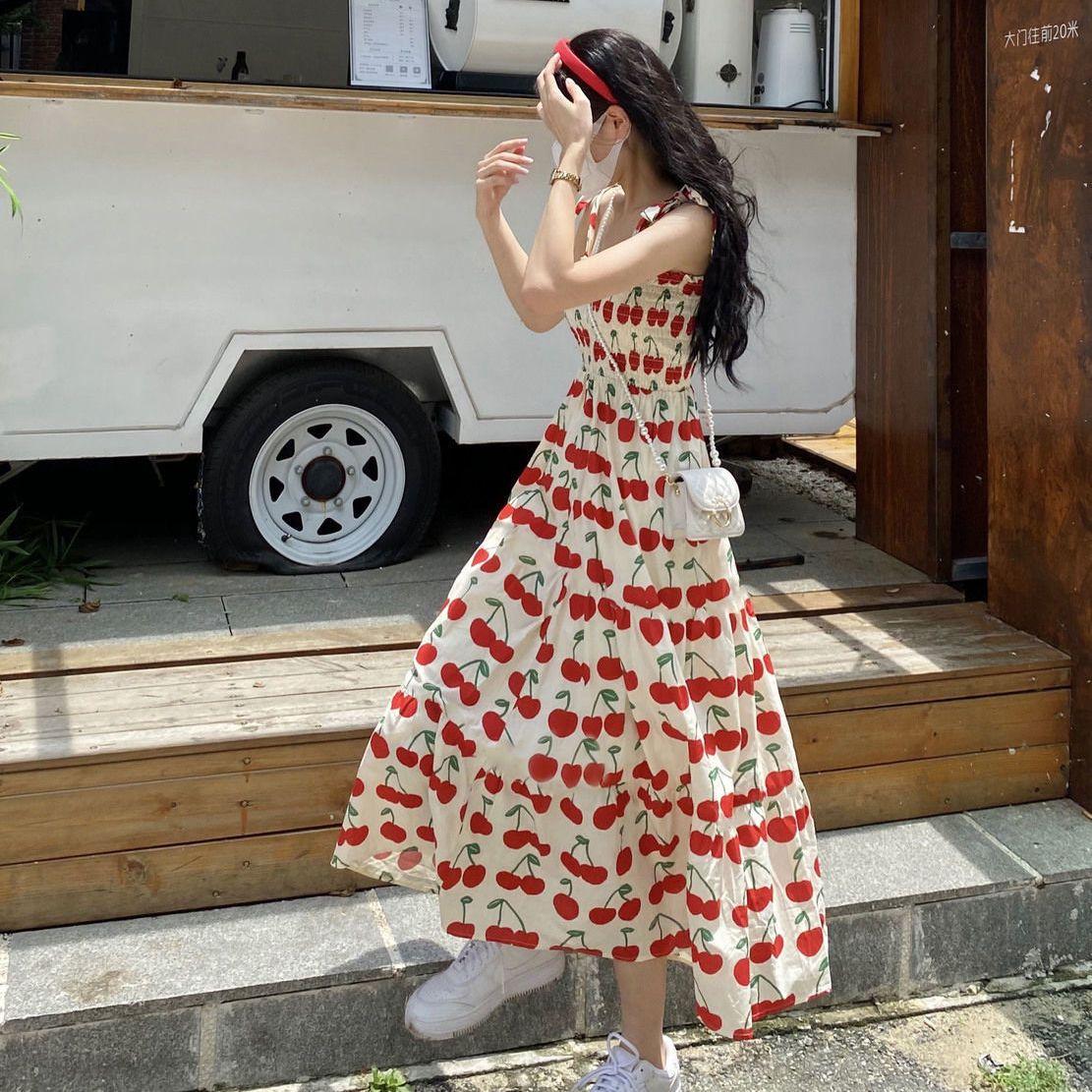 TOBE1SHOP Váy treo 2023 Sinh viên mùa hè Hundred Hiển thị Skinny Thời trang Pleated Dễ thương Cherry hoa đầm cô gái
