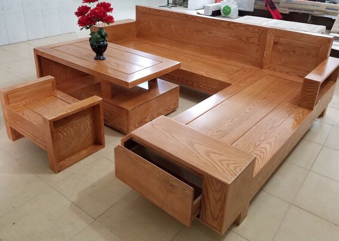 Bộ bàn ghế Sofa góc ngăn kéo gỗ sồi