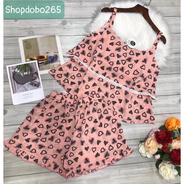 Bộ ngủ 2 dây,đồ ngủ mặc nhà đùi vải lụa mango BN 125 họa tiết siêu cưng size 47-60kg.