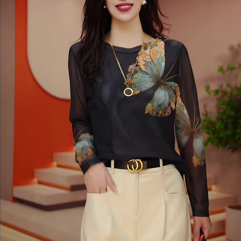 Áo Thun Lưới In Hình Dài Tay Cổ Tròn Dành Cho Nữ SM105 - Hàng Quảng Châu Cao Cấp