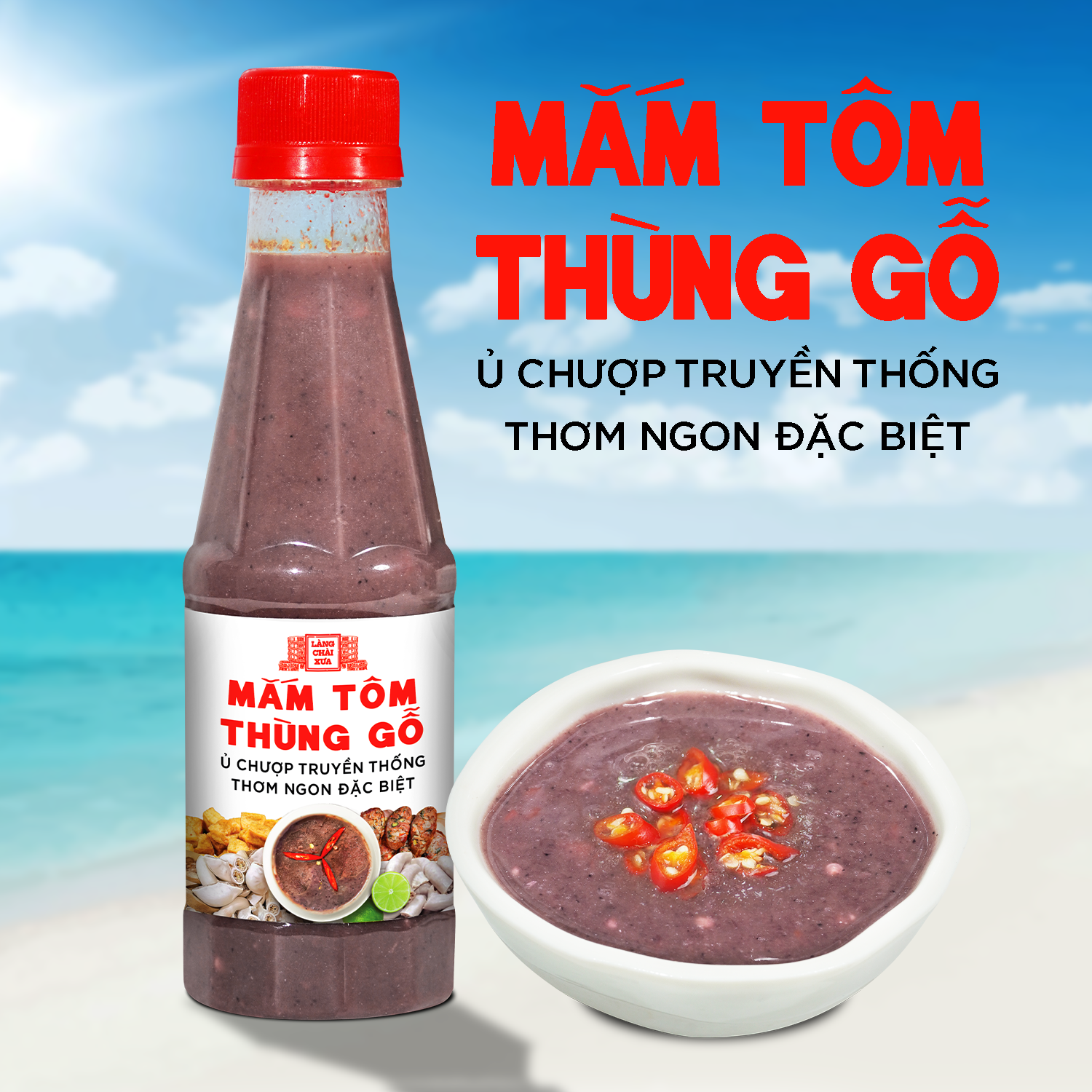 Mắm tôm thùng gỗ Làng Chài Xưa nguyên liệu tôm tép tươi, thơm ngon đặc biệt chai 260g