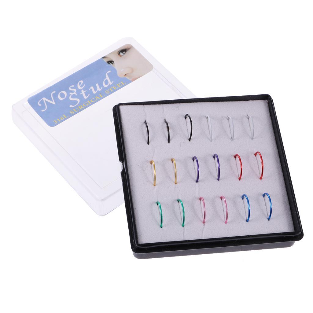 3-4pack 18pcs Mixed Color 316L Stainless Steel Nose Studs Hoops Piercing Rings