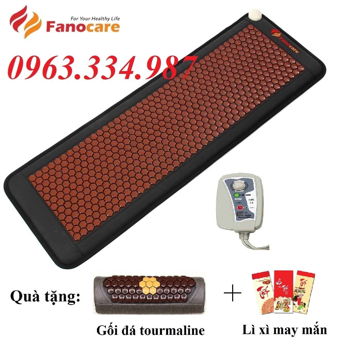 Thảm đá nhiệt nóng Fanocare KT 50x150cm đá lục giác nâu (Tặng kèm 1 gối đá tourmaline)