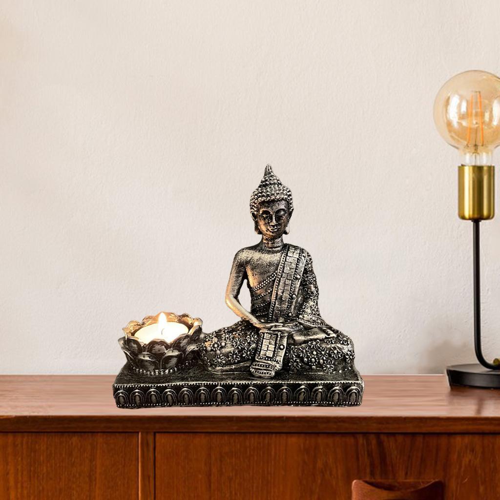 Resin Meditating Buddha Statue Tealight Candle Holder Decor