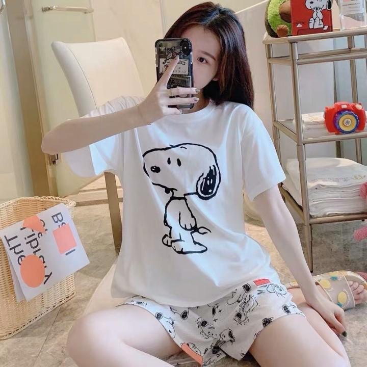 Bộ đồ ngủ mặc nhà thun hình Con Bò sữa, Snoopy, Gấu Pooh- Set đồ mặc nhà áo cộc màu trắng siêu yêu B049