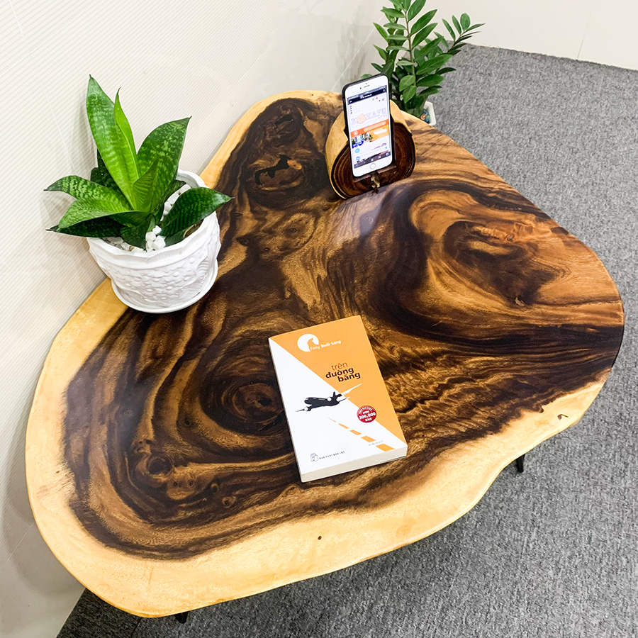 Bàn sofa/ Bàn cafe mặt gỗ me tây nguyên tấm tự nhiên siêu vân - Đường kính 98x72 x dày 4 x cao 50 cm