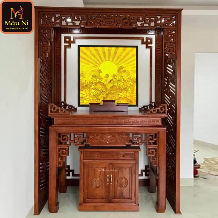 Bàn thờ chung cư đẹp cần Tranh trúc chỉ in MÂU, kt 107cm x 107cm, Sen hội tụ tỏa (thích hợp cho bàn thờ rộng 107cm, 127