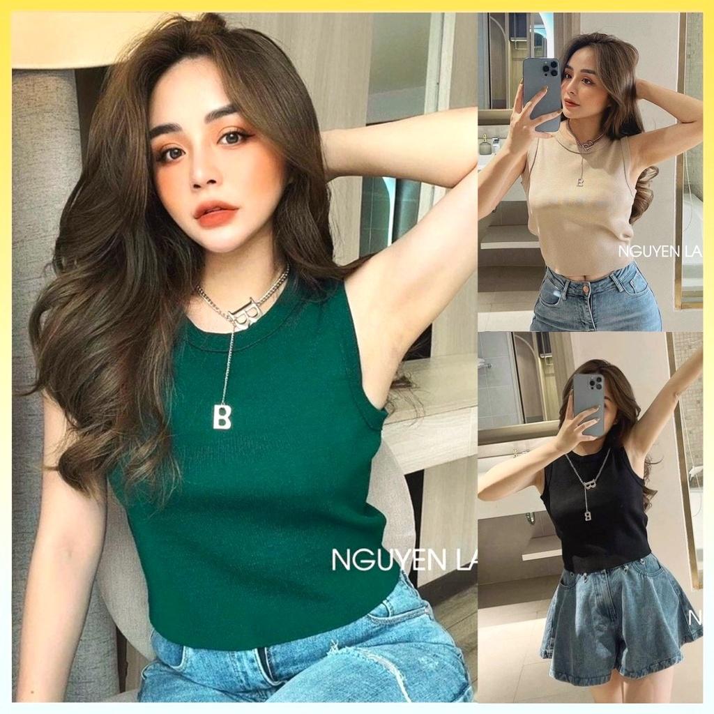 Áo len dệt kim Montoghi Quảng Châu ba lỗ MÀU TRƠN dáng vừa TẶNG KÈM VÒNG CỔ CHỮ B cực chất