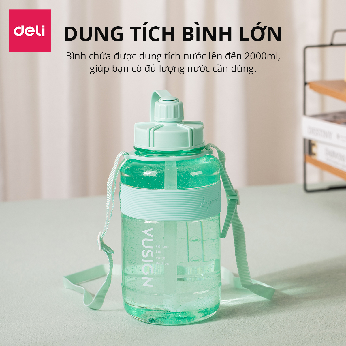 Bình Đựng Nước 1.5L Bao Bì Dễ Thương Có Vạch Báo Giờ Uống Nước Chia Lượng Nước Kèm Ống Hút Có Quai Đeo Chéo Deli - Nhựa Cao Cấp An Toàn Đầy Đủ Kiểm Định Chất Lượng Phủ Hợp Bình Nước Thể Thao Cho Bé Tới Trường - VS820