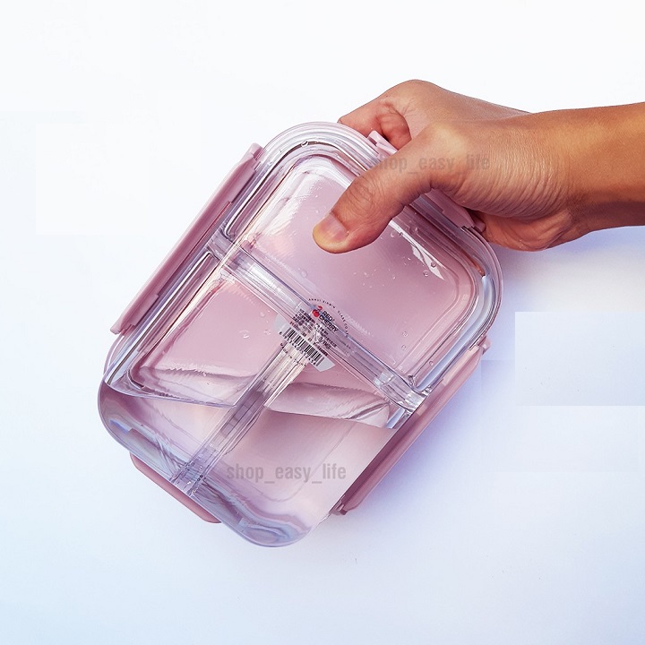 Hộp đựng cơm văn phòng bằng thủy tinh 1000ml 3 ngăn chống tràn dùng cho lò vi sóng
