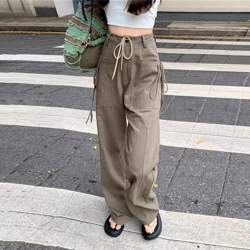 Quần KaKi Lưng Cao Phối Dây, Quần Túi Hộp Cargo Pants Có Túi Dáng Rộng Phong cách Retro cá tính Unisex