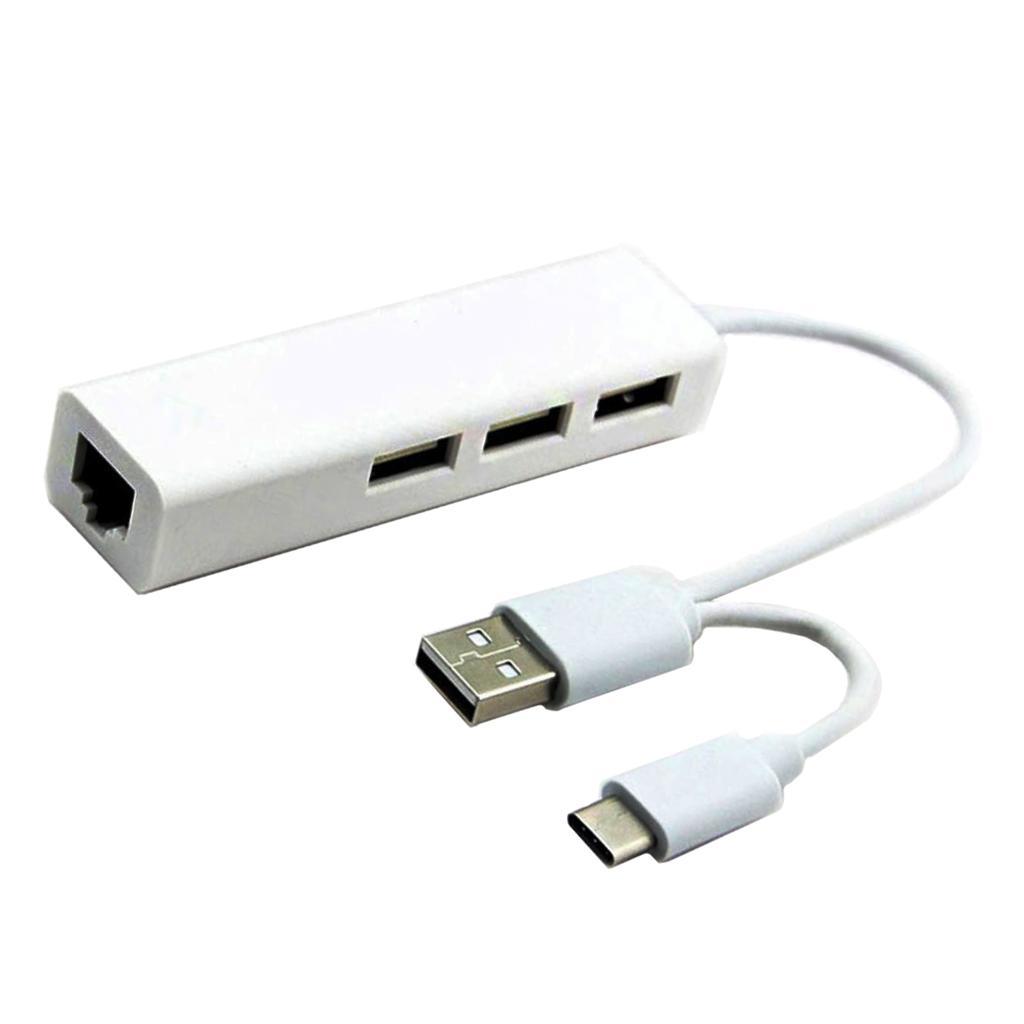 USB-C USB2.0 Dual Plug to USB Ports LAN/RJ45 Ethernet Network Hub Adapter