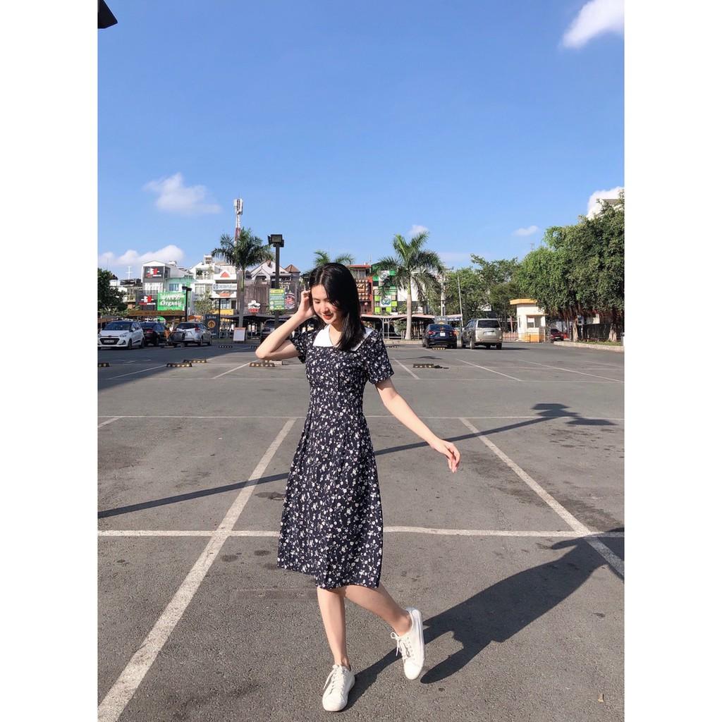 ĐẦM DỰ TIỆC XANH ĐEN HOA NHÍ TRẮNG CỔ TRÒN PHỐI TRẮNG TAY LỠ DÁNG XÒE CÓ DÂY CỘT PHÍA SAU-hình thật