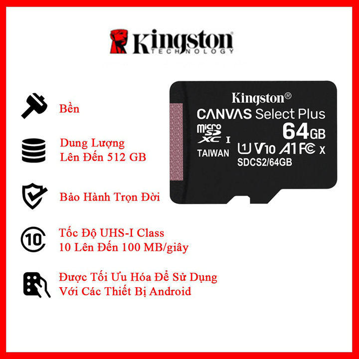 Thẻ Nhớ Kingston 64GB Micro SD Class 10 SDCS2/64GBSP hàng chính hãng