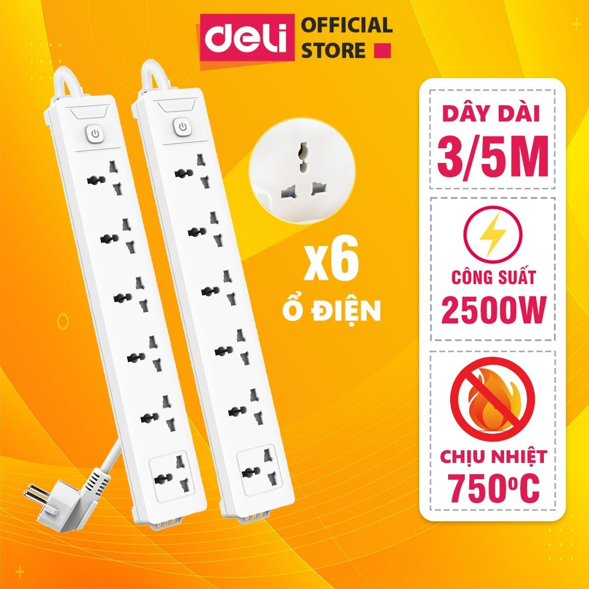 Ổ Cắm Điện Đa Năng 2500W Có Công Tắc Nguồn 3/4/6 Ổ , 3M/5M Dây Chống Giật Chống Cháy Chất Lượng Cao Deli - Phiên Bản Mới Nâng Cấp 2023 - Hàng Chính Hãng - ET401 - 406