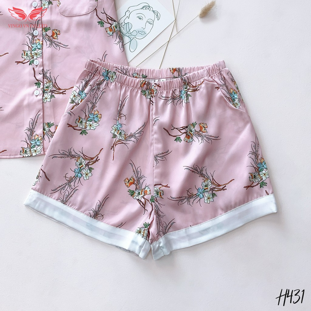 Bộ đồ Pijama VINGO lụa Pháp mát mẻ mặc nhà tay cộc quần cộc họa tiết cành hoa H431 VNGO - TCQC