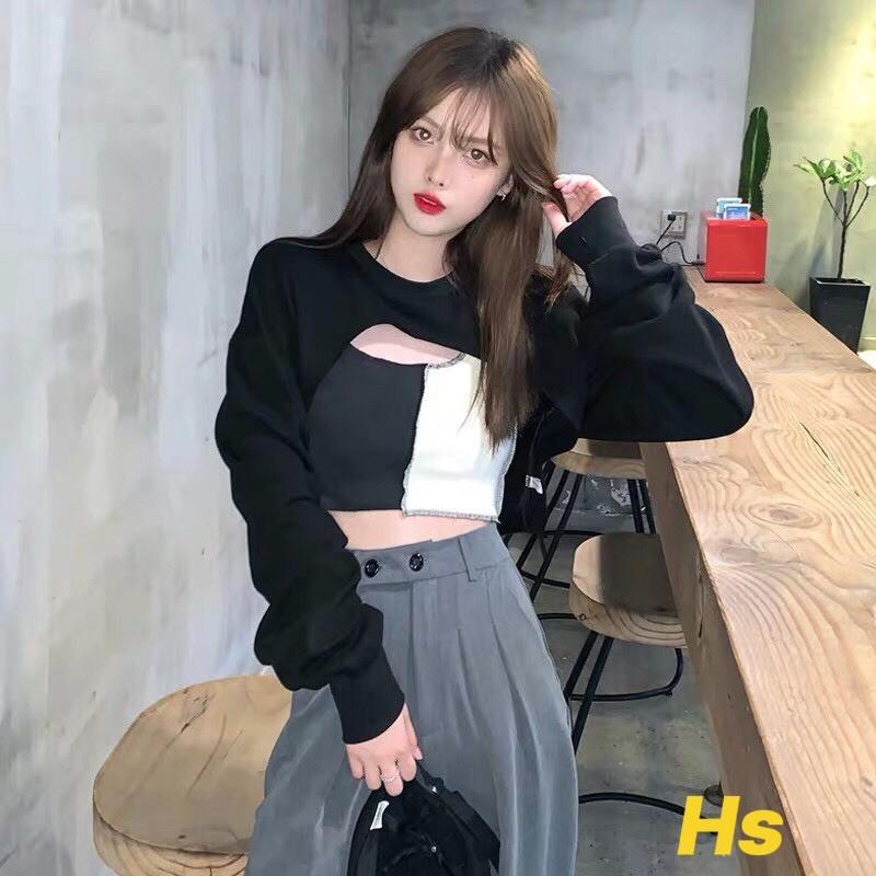 Bộ Áo Croptop Nữ Dài Tay Phối Màu Set Croptop Nữ