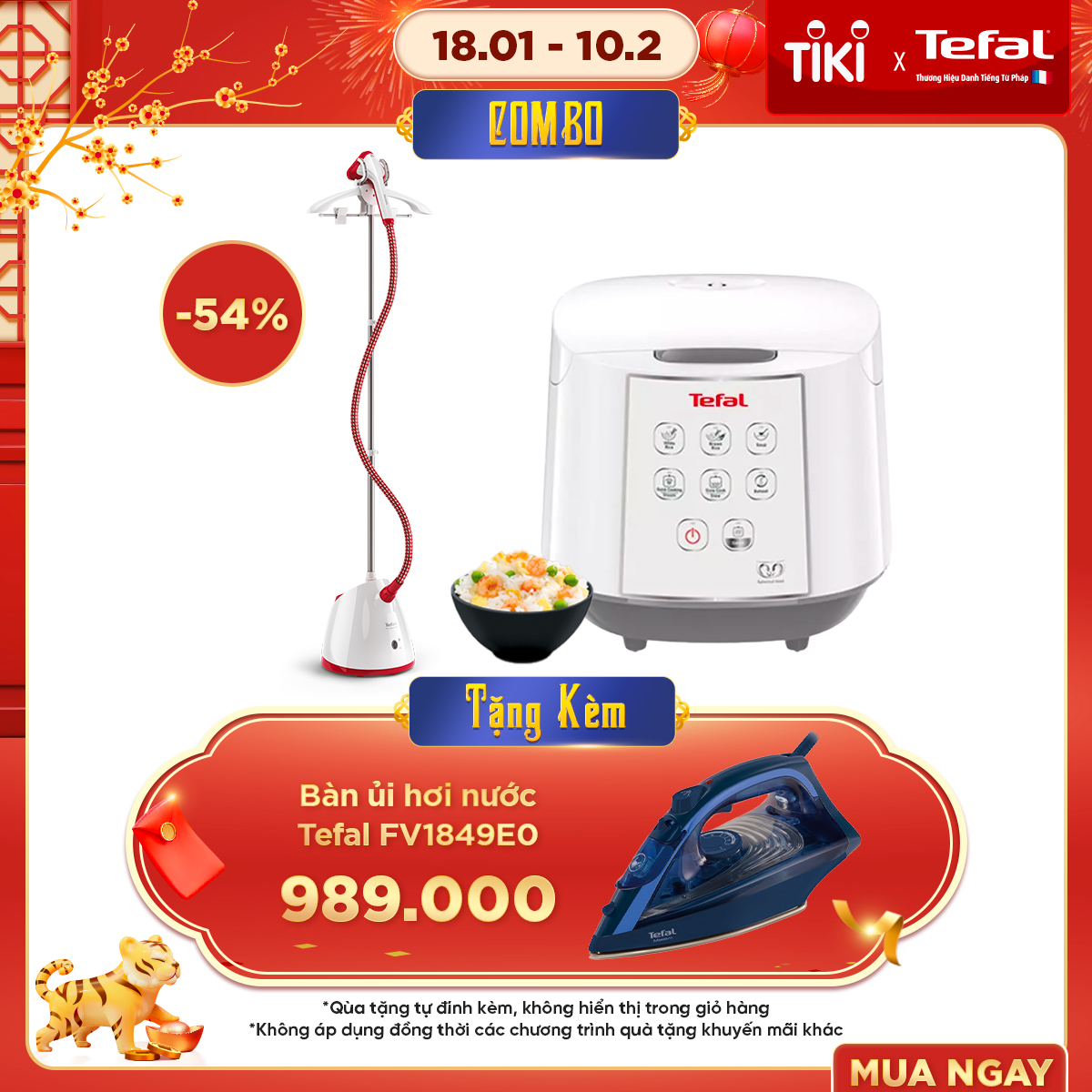 Combo Bàn ủi hơi nước đứng Tefal IT2440E0 + Nồi cơm điện tử Tefal RK733168 - Hàng Chính Hãng