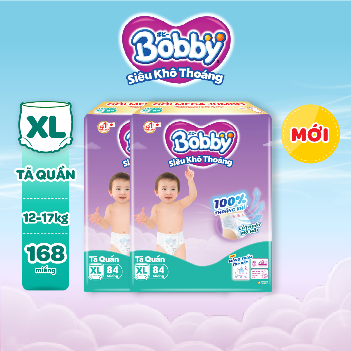 Tã quần Bobby Siêu Khô Thoáng - 100% Thoáng Khí Mega Jumbo - XL84
