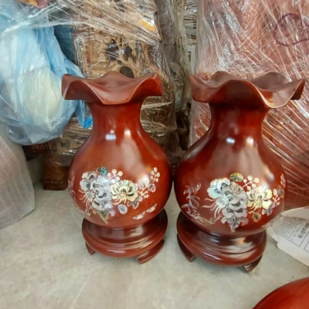 Cặp Lục bình hoa huệ gỗ lim cẩn hoa hàng nguyên khối cao 20cm