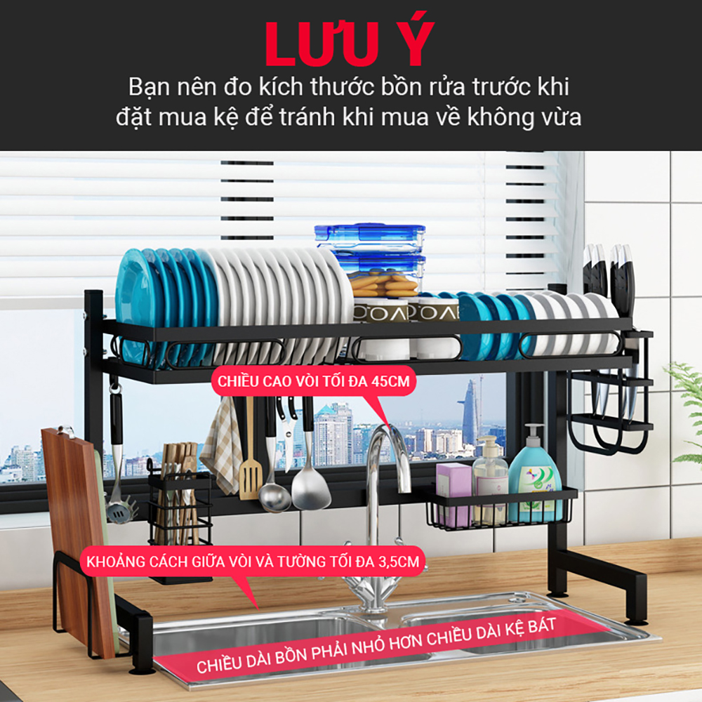 Kệ chén bát đa năng bằng thép carbon không gỉ, chống xước, sơn đen tĩnh điện, giá bát trên bồn rửa ráo nước cho nhà bếp sạch sẽ VANDO