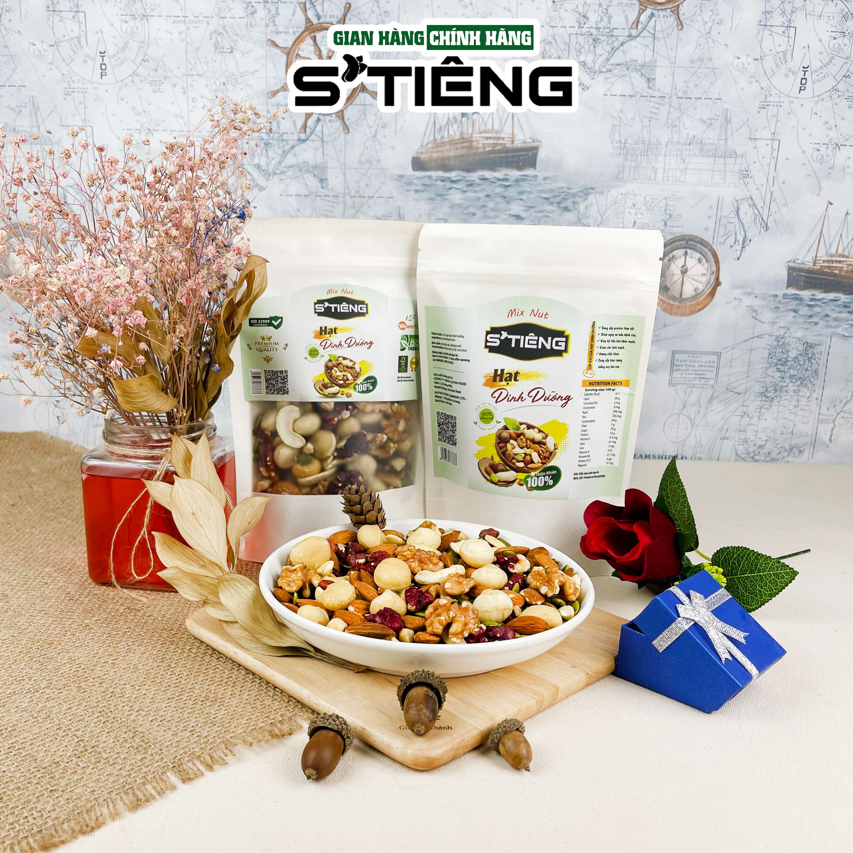 Hạt Dinh Dưỡng STIENG Mix Nuts 6 Loại Hạt Sấy Chín, Ngủ Cốc Granola Ăn Kiêm Giảm Cân, Hạt Macca, Hạt Hạnh nhân. Hạt Óc Chó, Hạt Điều, Hạt Bí