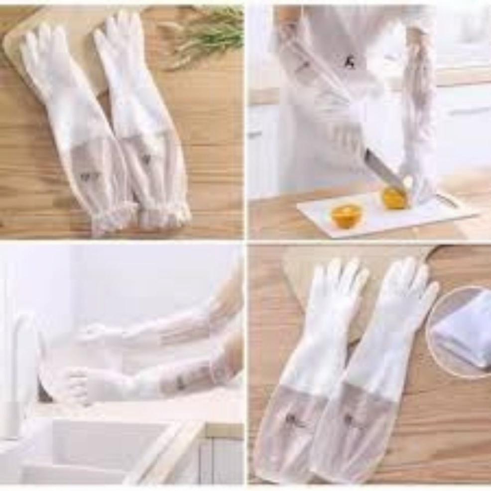 Găng tay cao su lót bông nỉ loại dài - Găng tay rửa bát làm bếp siêu dai không mùi