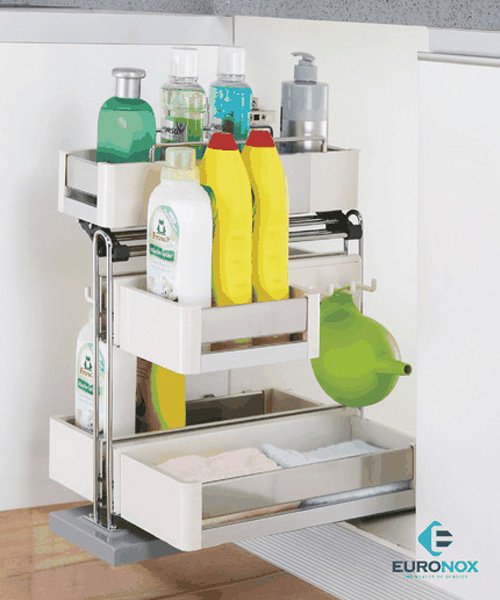 kệ đựng chất tẩy rửa inox kết hợp nhựa cao cấp Kệ đựng chất tẩy rửa inox nan kết hợp nhựa cao cấp, ray âm giảm chấn Luxury Detergent Rack of Stainless Steel Bar and High Quality Plastic with Undermount Drawer Slides