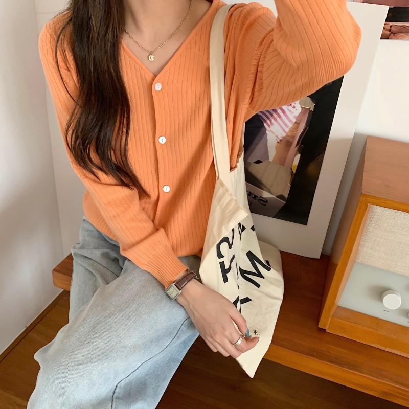 Áo Khoác Cardigan Dáng Rộng Cổ Chữ V Màu Trơn Thiết Kế Đơn Giản Cho Nữ