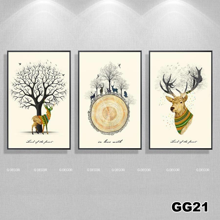 Tranh treo tường canvas 3 bức phong cách hiện đại Bắc Âu 11, tranh hươu trang trí phòng khách, phòng ngủ, phòng ăn, spa