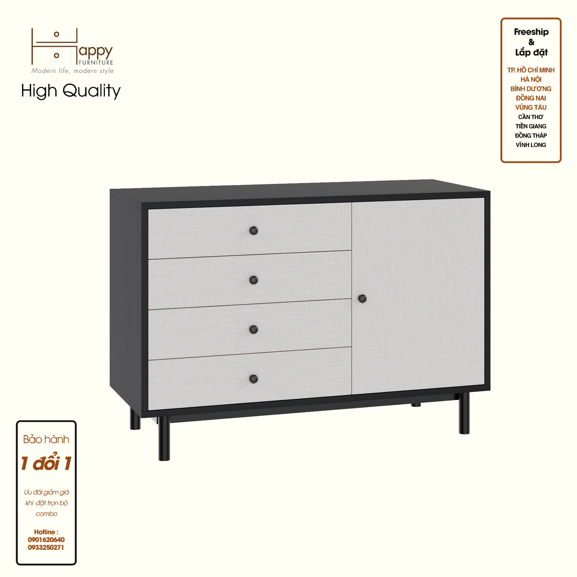HAPPY FURNITURE , Tủ lưu trữ 4 ngăn kéo 1 cửa mở - LIVIK, THK_278 , 100cm x 40cm x 68cm DxRxC