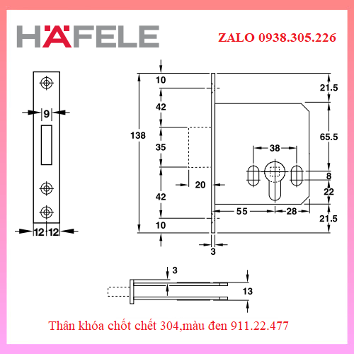 Thân khóa chốt chết 304,màu đen Hafele 911.22.477