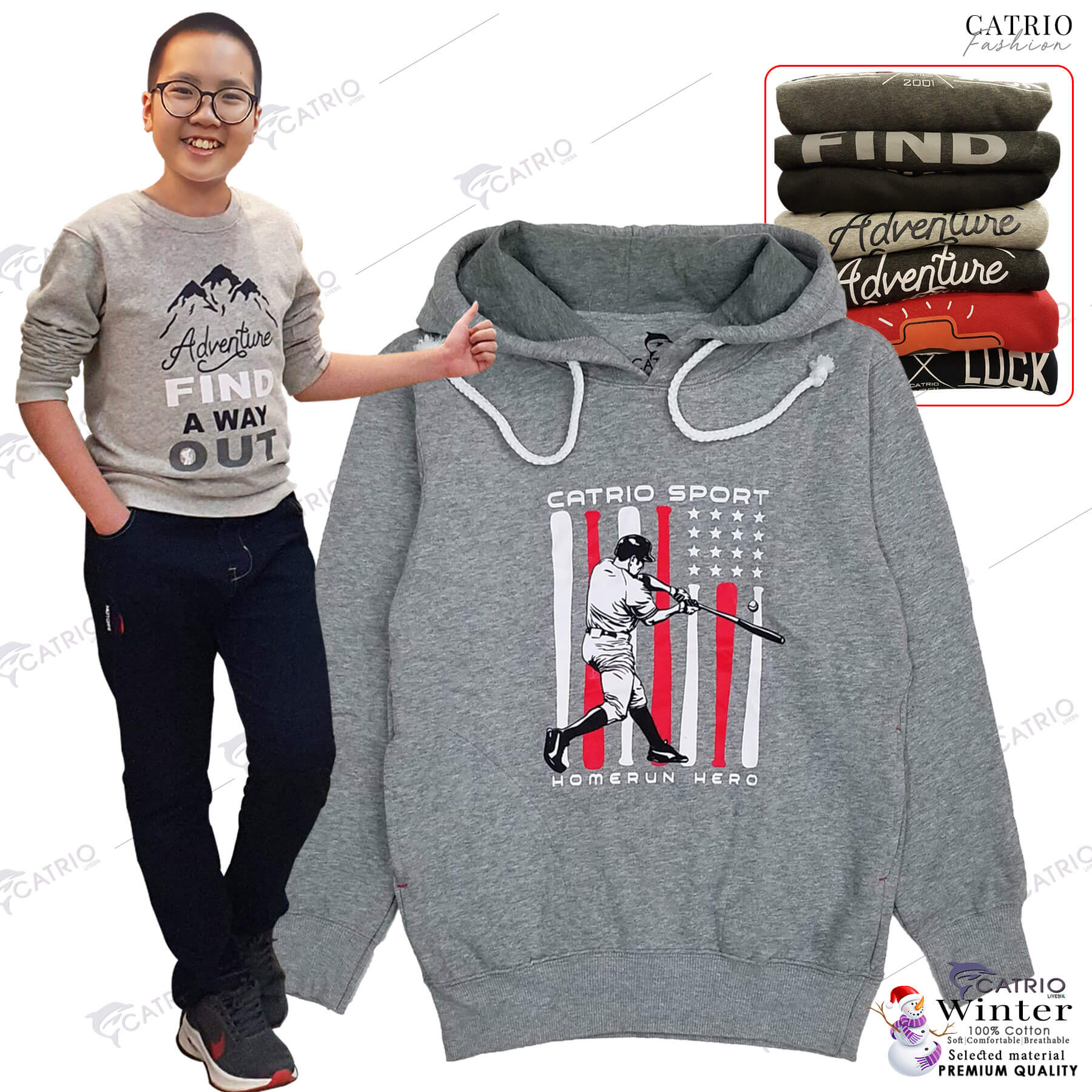 ÁO HOODIES TRẺ EM CATRIO in BÓNG CHÀY là áo thun dài tay có mũ có túi thời trang, vải 100% cotton dày, ấm mùa thu đông phù hợp với trẻ em bé trai, bé gái từ 9 tuổi 32kg .. 14 tuổi 55kg kết hợp quần dài cotton CATRIO thành bộ đồ đẹp MÀU XÁM