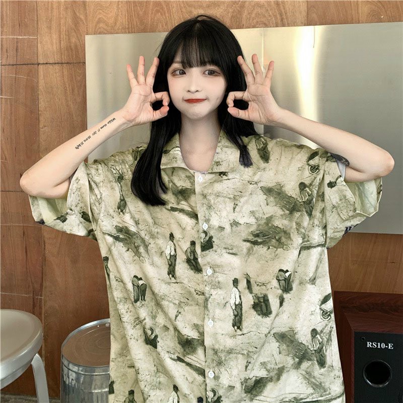 Áo sơ mi nữ ngắn tay form rộng họa tiết độc đáo mới lạ phong cách hotfrend chất voan lụa mềm mịn