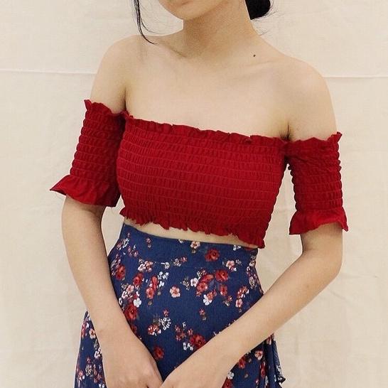 KIOBI - Áo kiểu CROPTOP thun chỉ bo tay rớt và ngực, vải cotton lụa - KIA1811115