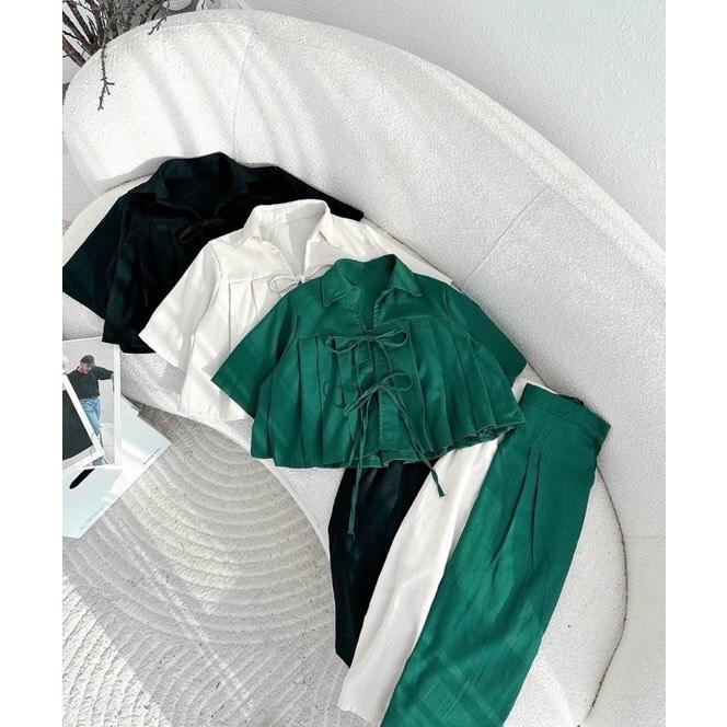 SET ÁO CROPTOP TAY NGẮN FROM RỘNG XẾP LY CỘT NƠ MIX CHÂN VÁY DÀI XẺ SAU CỰC HOT CHO CÁC NÀNG SANG CHẢNH