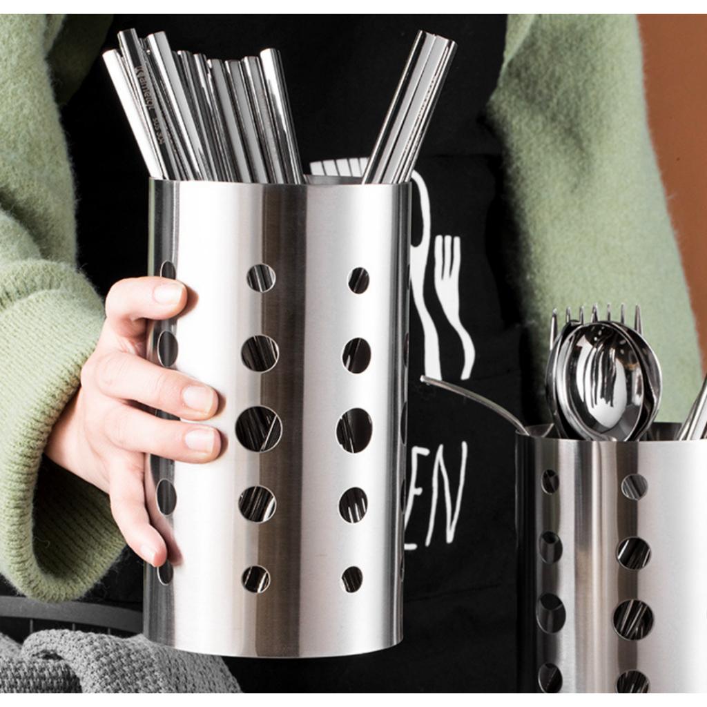 Ống đựng đũa muỗng inox SUS 304 hàng nhập khẩu dày đẹp dùng làm hũ đựng  muỗng đũa có lổ thoát nước