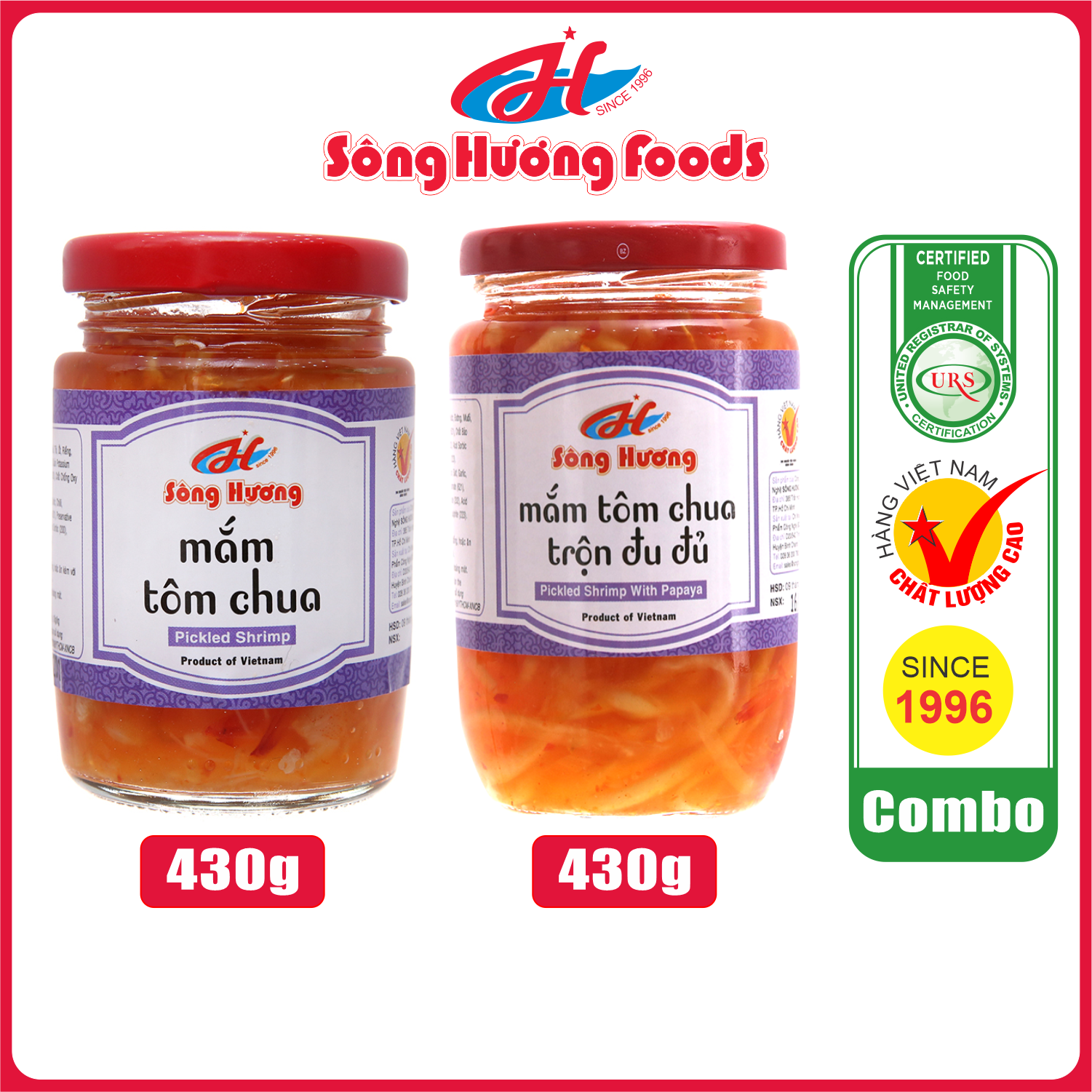 Combo 1 Hũ Mắm Tôm Chua 430g + 1 Hũ Mắm Tôm Chua Trộn Đu Đủ 430g Sông Hương Foods