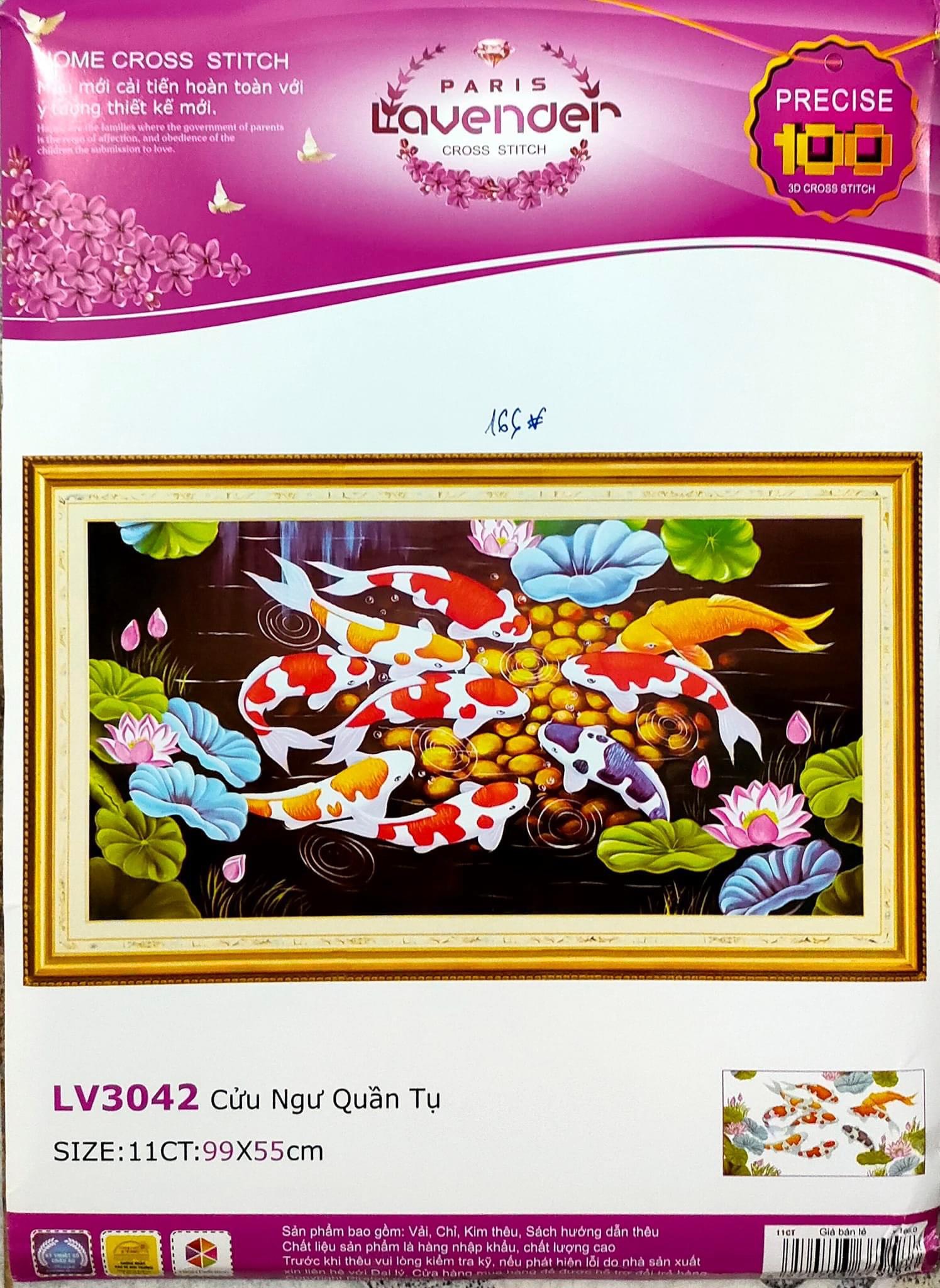 Tranh thêu chữ thập Cửu ngư quần hội LV3042, kích thước 99 x 55 cm