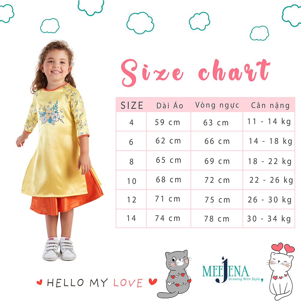 Bộ Áo Dài Bé Gái Vải SATIN Lụa in Hoa 11-34 kg - MEEJENA -1873