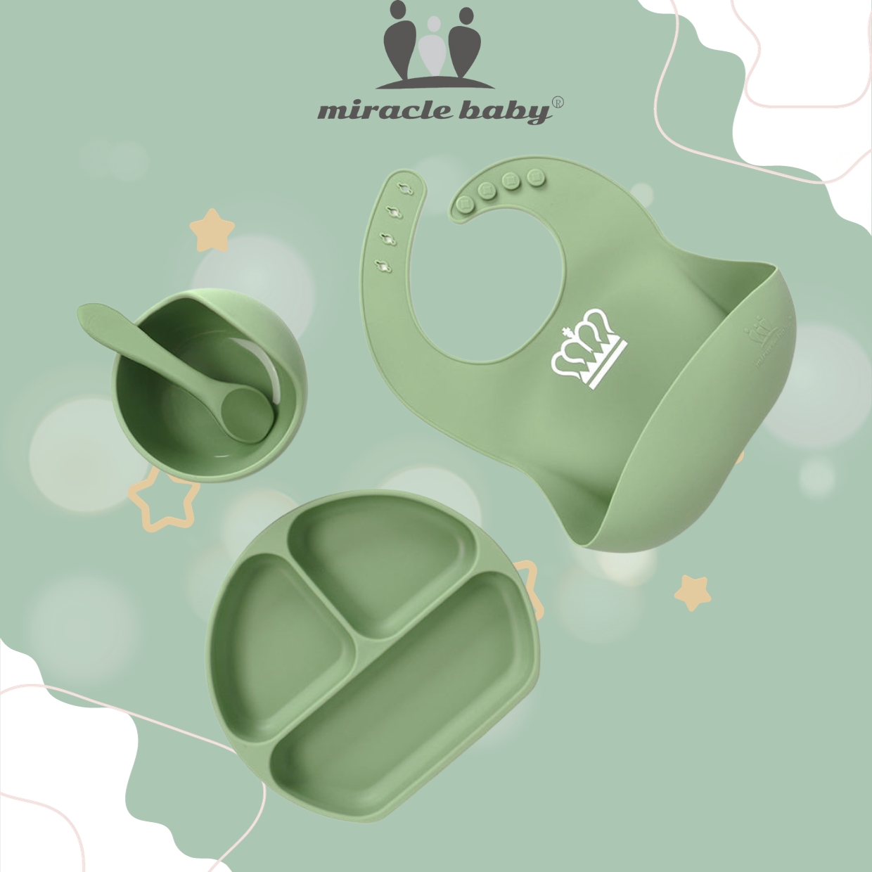 Combo 4 món ăn dặm Miraclebaby bát/chén-khay-yếm-muỗng/thìa-ly/cốc silicone cao cấp có đế hít chống đổ