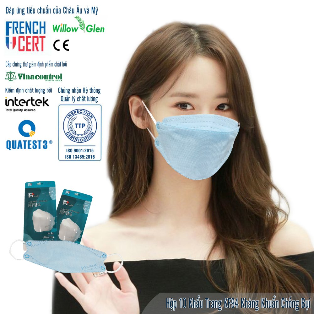 Khẩu Trang 4D Kiếu Dáng Hàn Quốc KF94 , Màu Xanh, kháng Khuẩn, Chống Bụi - Đạt Các Chứng Chỉ ISO 13485, ISO 9001, CE, FDA, TGA.