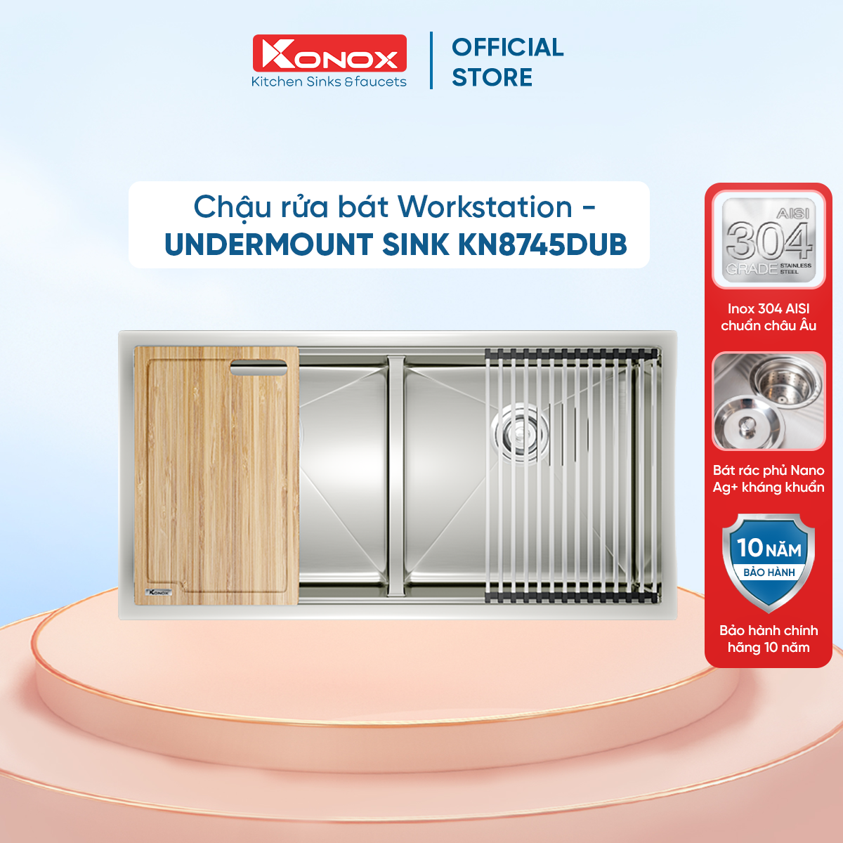 Chậu rửa bát Konox, Undermount Series, Model KN8745DUB, Inox 304AISI tiêu chuẩn châu Âu, Hạ bậc tích hợp, 870x455x220(mm), Hàng chính hãng