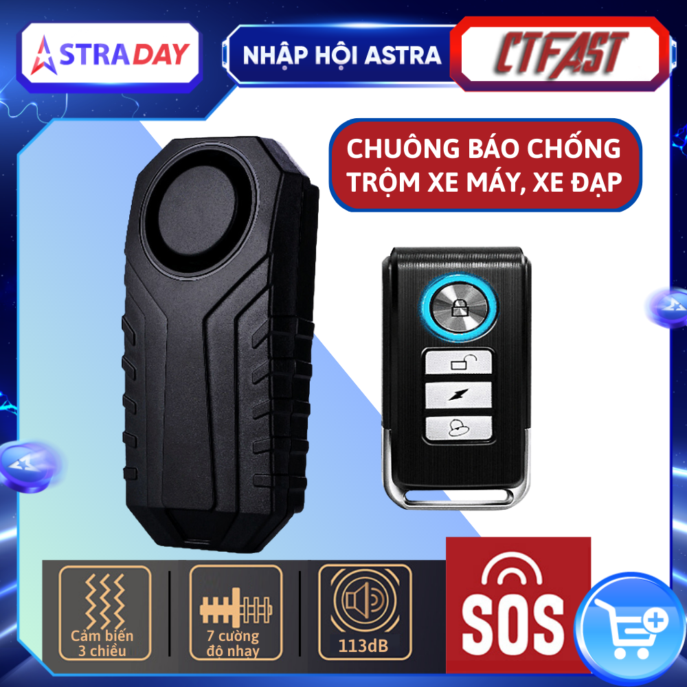 Chuông báo động chống trộm xe máy, xe đạp thông minh CTFAST KS-SP22R, cảm biến rung còi báo to, tích hợp điều khiển từ xa hỗ trợ tìm xe trong bãi xe, phát tín hiệu SOS khi gặp sự cố, chống nước IP65 - Hàng loại 1