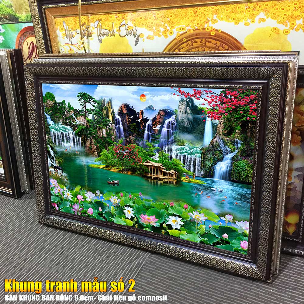 Tranh treo tường phòng khách, phòng ngủ SƠN THỦY HỮU TÌNH khung gỗ composit chất liệu pvc gương / lụa kim sa. MS:2224L9
