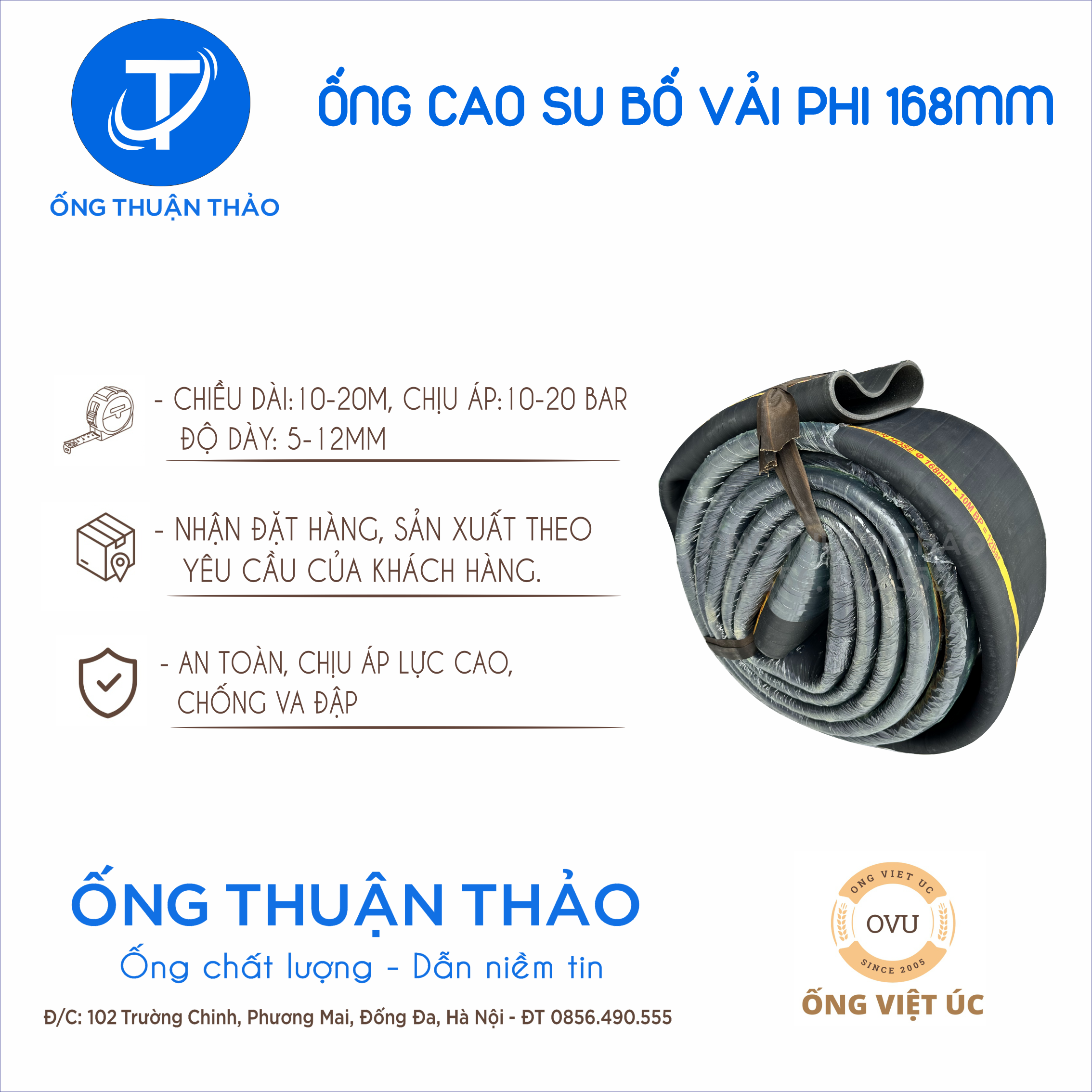 Ống cao su bố vải KT phi 170MM CUỘN 10 MÉT Nhập Khẩu - Ống Chống Phá Chống Nổ THUẬN THẢO