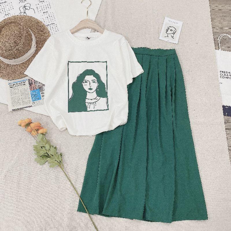 SET ÁO PULL XANH CÔ GÁI CHÂN VÁY MIDI DÀI