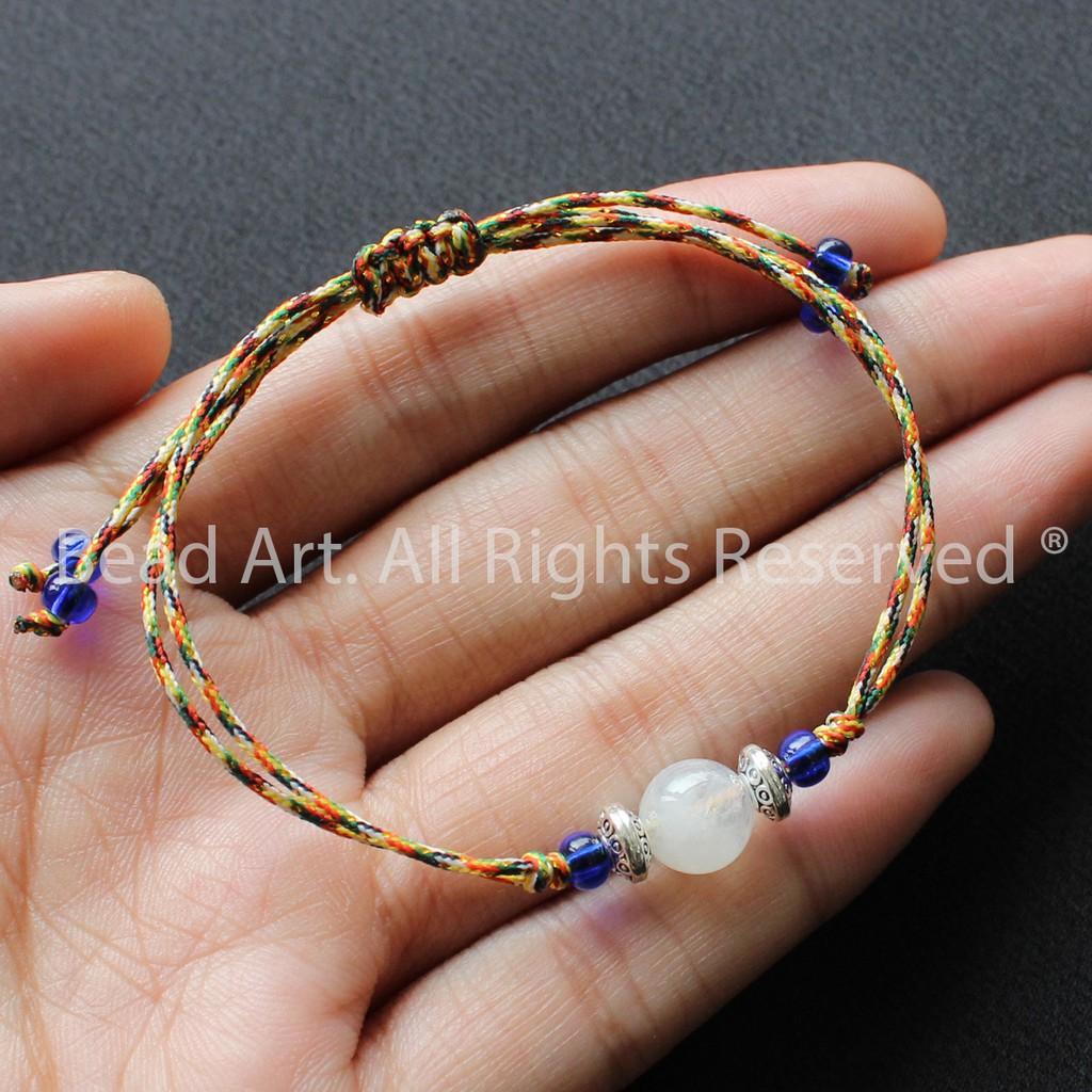 Vòng Tay Thắt Dây Ngũ Sắc Đá Mặt Trăng, Đá Moonstone Tự Nhiên Ánh Cầu Vồng Và Bạc 925, Vòng Tay Phong Thuỷ, Mệnh Kim, Thuỷ - Bead Art